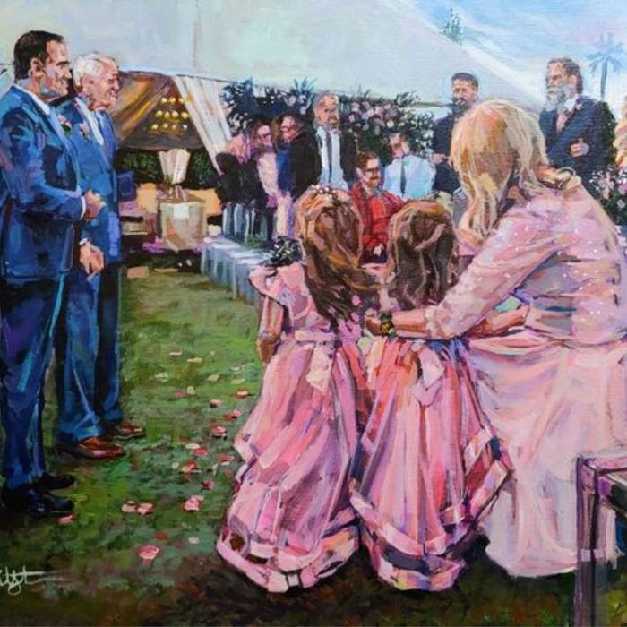a painting of a wedding ceremony with men in blue suits and women in light pink flowing dresses