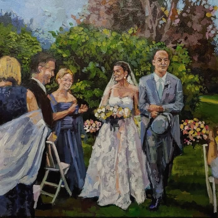 a painting of a husband and wife walking down the isle as guests clap