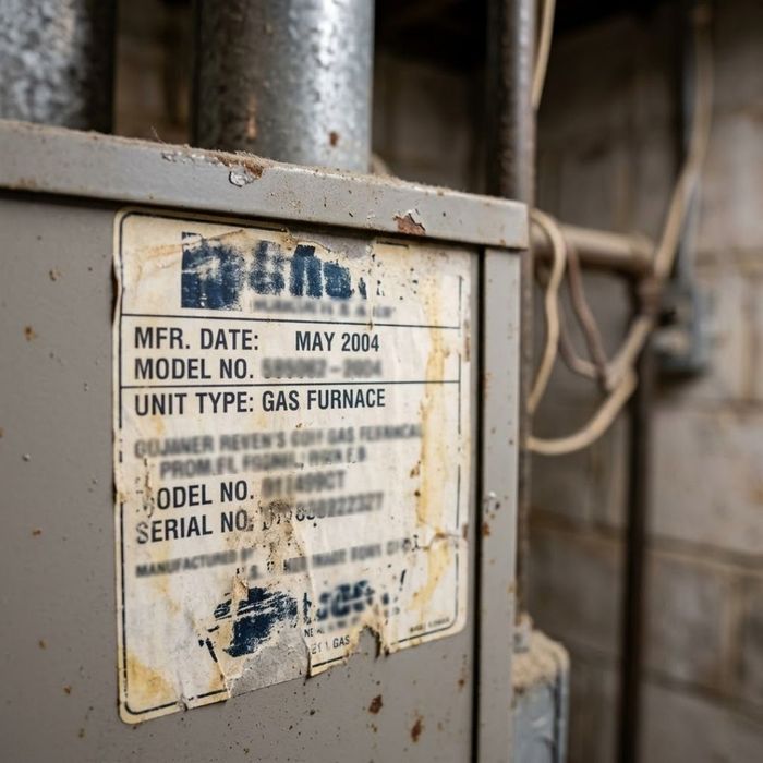 a faded, worn manufacturer's sticker on an older gas furnace in a Central New Jersey basement