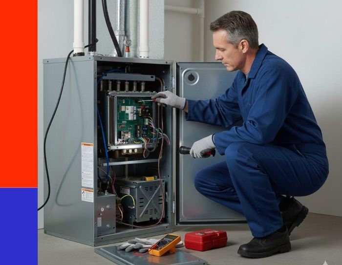 An HVAC technician in a blue jumpsuit kneeling to inspect the internal electrical control board and wiring of an open furnace unit during a maintenance service call.