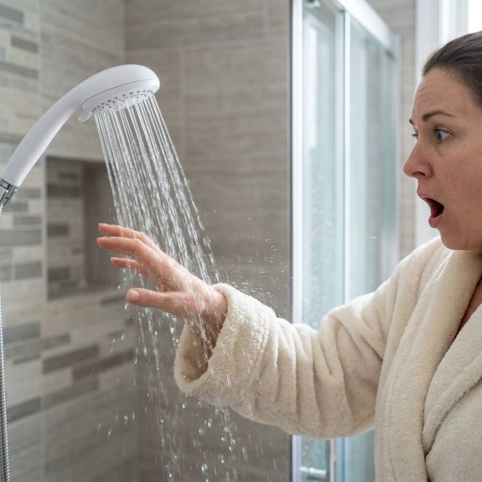 a woman's hand in a Central NJ shower stream, recoiling with a grimace as the water has turned unexpectedly cold