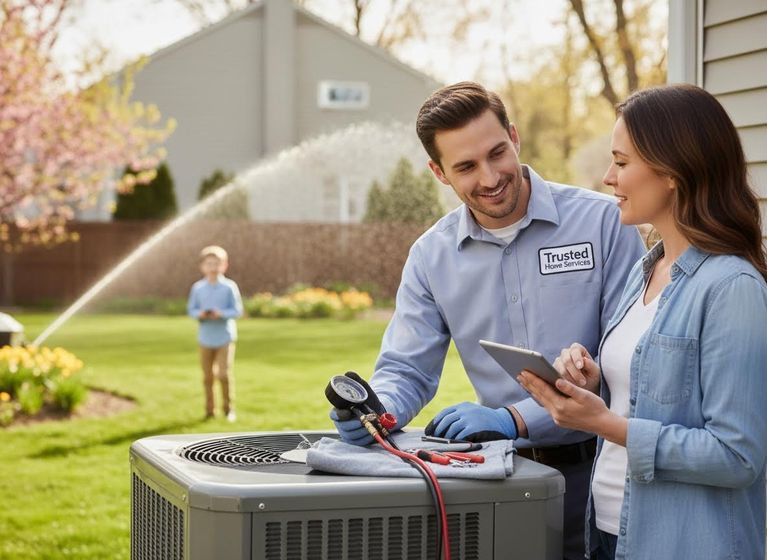 HVAC Technician Discusses AC Unit Service with Homeowner