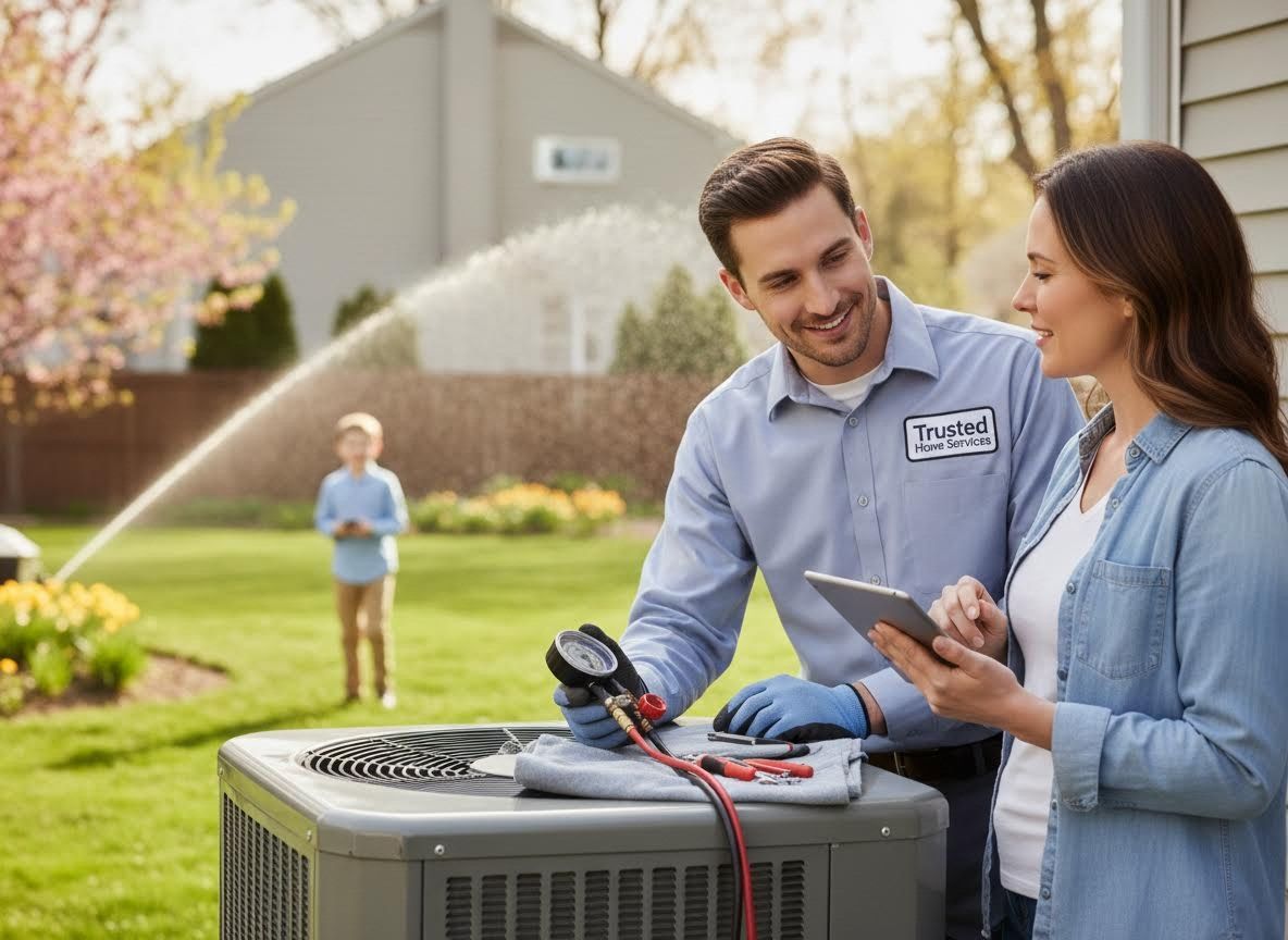 HVAC Technician Discusses AC Unit Service with Homeowner