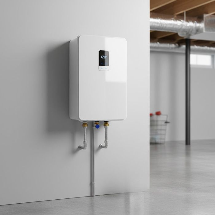 A newly installed tankless water heater in a home basement.