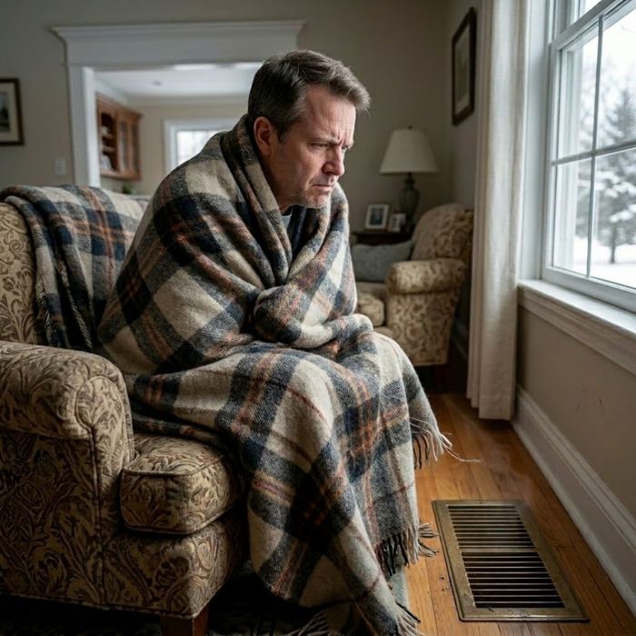 A homeowner in a Central New Jersey living room, wrapped in a blanket, with a concerned and annoyed expression as he reacts to an unusual noise and a cold draft from a floor heating vent
