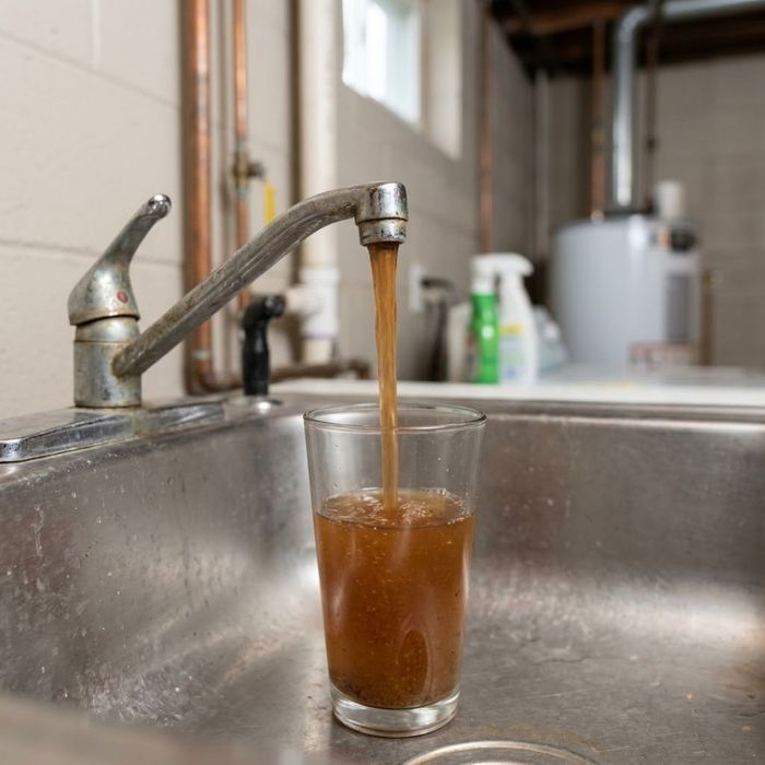 murky, rust-brown water flowing from a faucet into a clear glass in a utility room sink