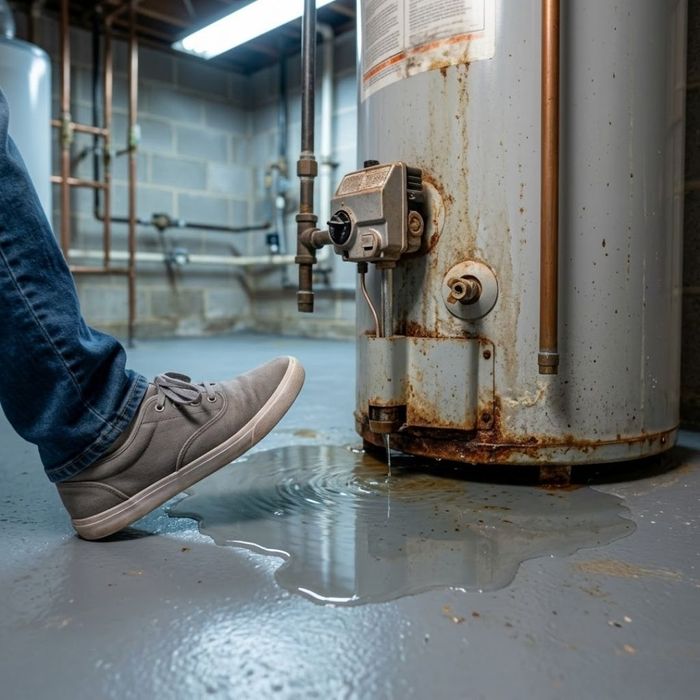 a homeowner's foot recoiling near a puddle of water pooled around the base of an aging gas water heater in a utility room, indicating a serious leak