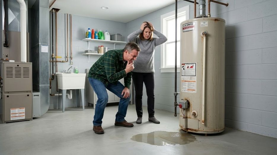 a frustrated middle-aged couple inspecting a failing, aging hot water heater in a clean Central New Jersey utility room, with a small puddle of water on the floor