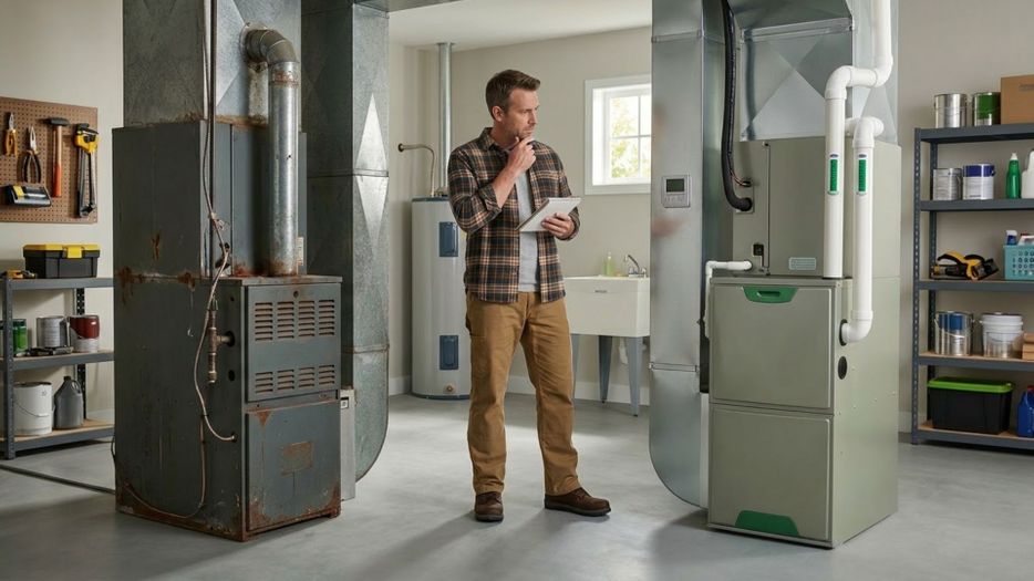 A homeowner standing in a clean NJ utility room, thoughtfully comparing an older, weathered furnace on the left with a modern, high-efficiency Carrier-style heating system on the right