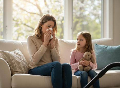 Woman blowing nose with tissue next to concerned child