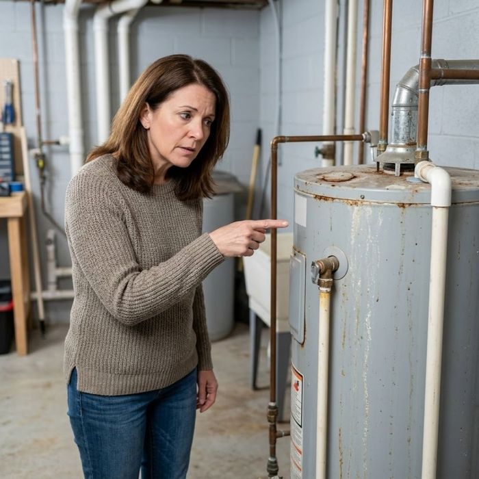 a concerned woman in a utility room pointing toward an aging water heater tank, indicating a strange noise like rumbling or popping from the unit