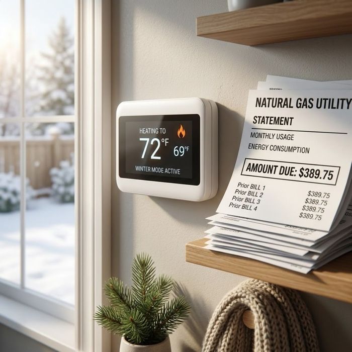 A residential smart thermostat in an NJ home showing the heat is running during winter, placed next to a stack of high natural gas utility bills