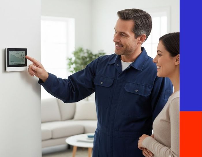 A professional HVAC service technician standing with a homeowner and using a finger to adjust and test a modern digital smart thermostat mounted on a white wall.