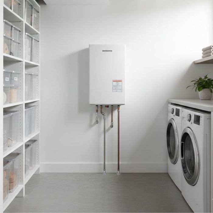 A tankless water heater in an organized basement laundry room.