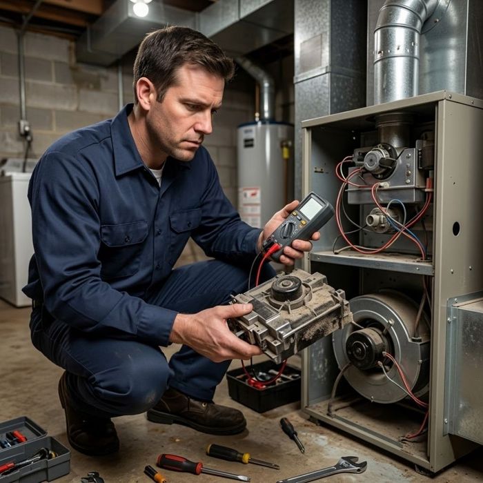 A professional HVAC technician crouching next to a disassembled furnace in an NJ utility room, holding a complex, expensive internal component and a multimeter