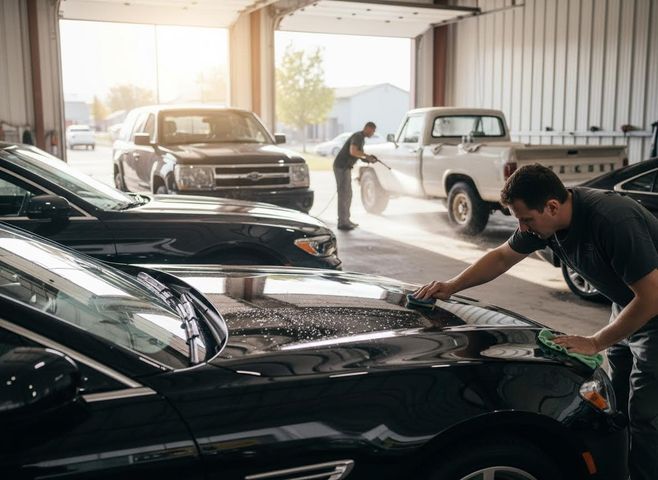 Two men meticulously detail cars in a well-lit garage. One washes a black car by hand, while another pressure washes a white pickup truck. Men detailing cars in a garage