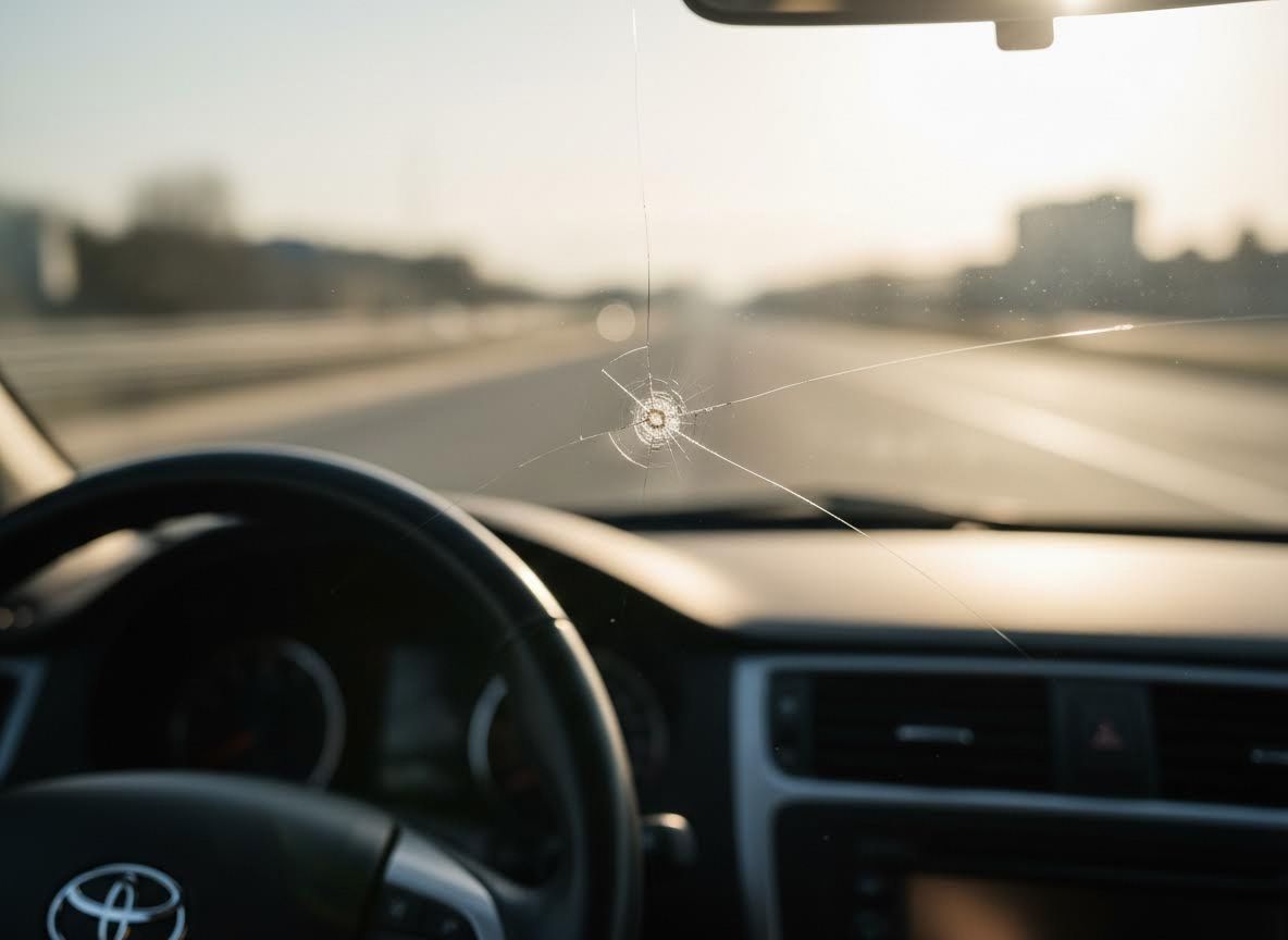POV of Car Windshield with Spiderweb Crack