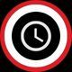White clock icon inside a red and black circular badge