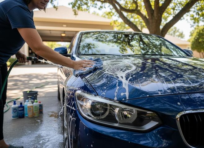 A person in a blue shirt holds a hose and scrubs the sudsy hood of a shiny blue car with a wash mitt. Cleaning products are nearby. At-Home Car Wash