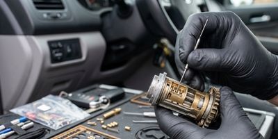 Technician using precision tools to repair an ignition lock cylinder