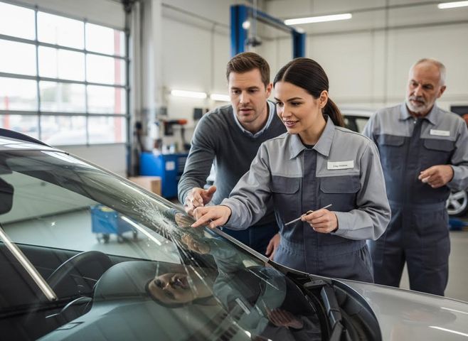 A female auto technician points to a crack on a car windshield, explaining it to a male customer in a repair shop, with another mechanic observing. Auto Technician Explaining Windshield Damage to Customer