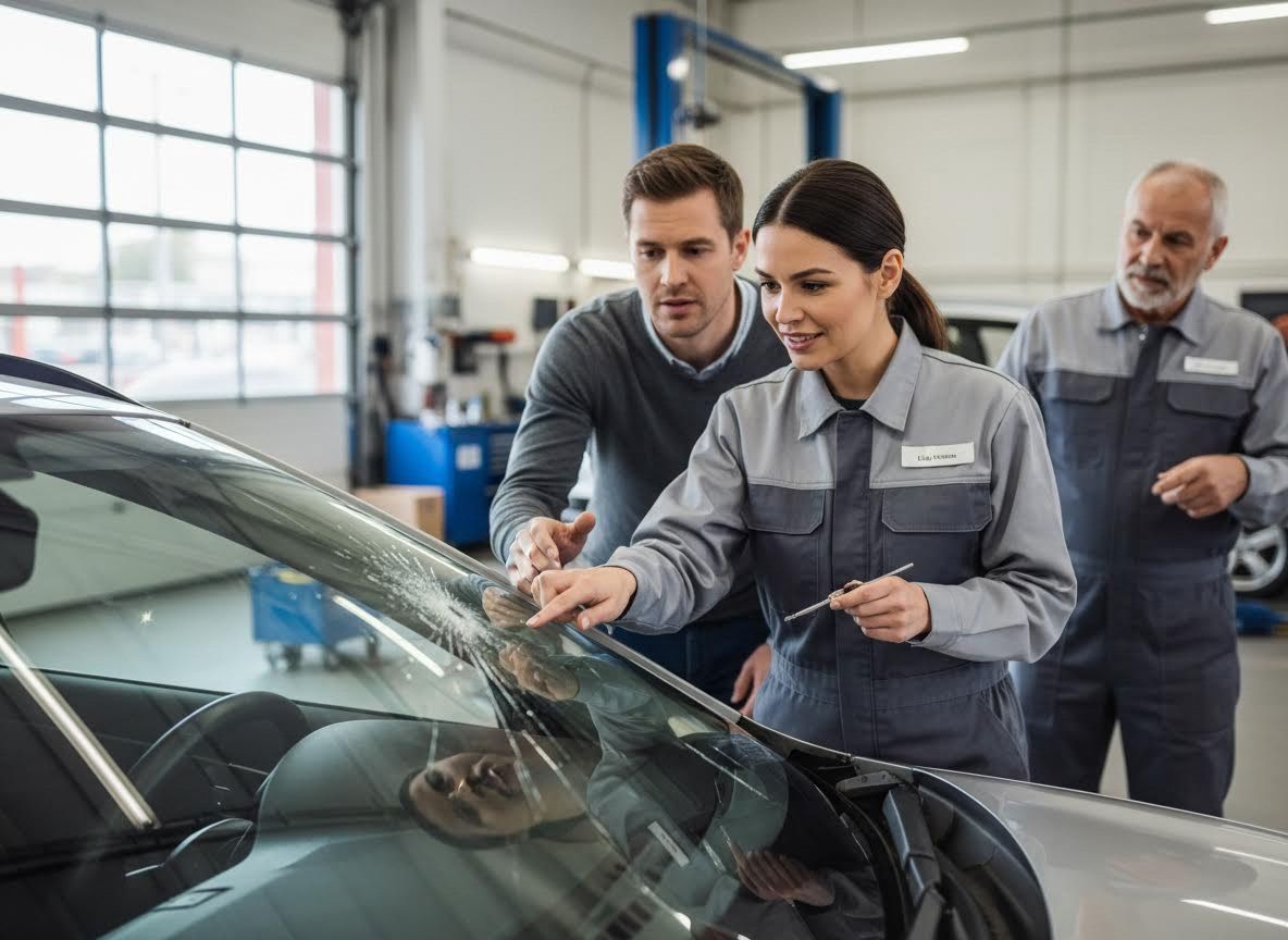 Auto Technician Explaining Windshield Damage to Customer