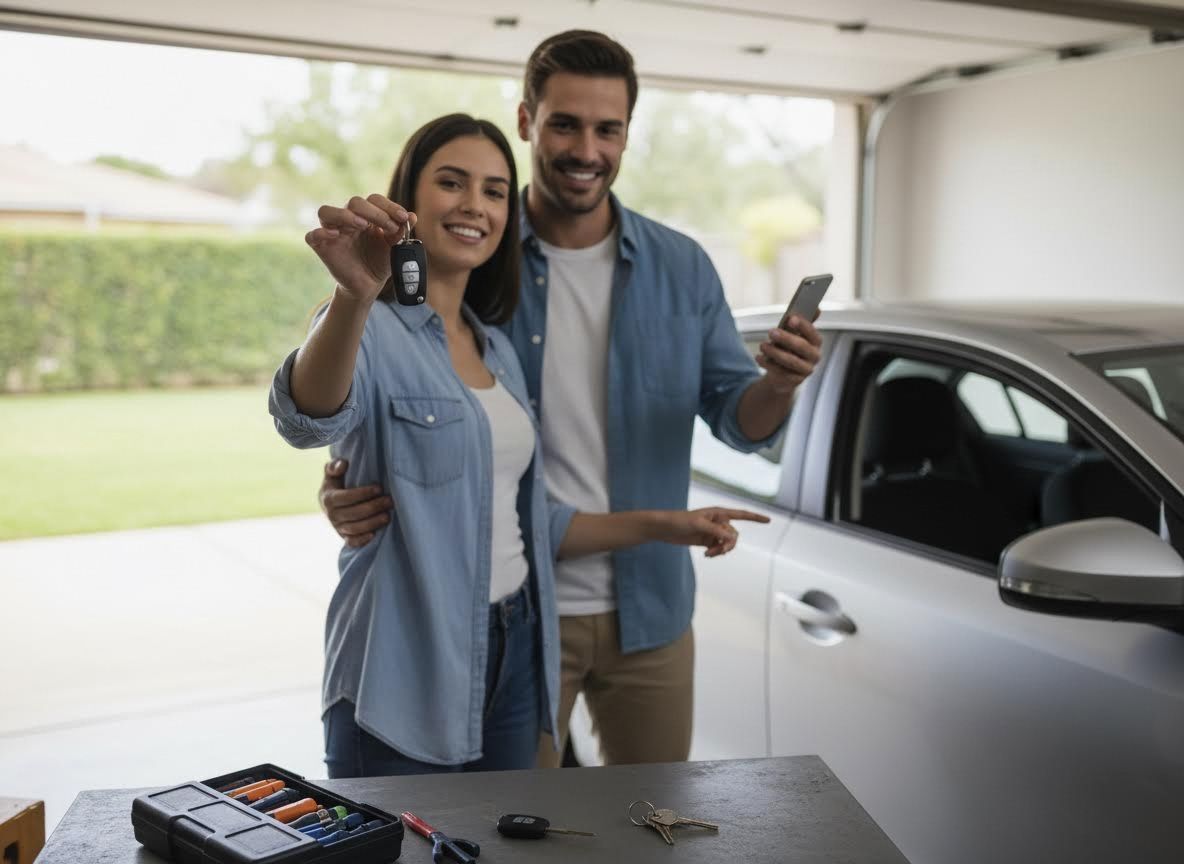 Happy couple with new car key and smartphone