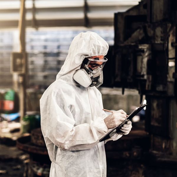 hazmat worker marking clipboard