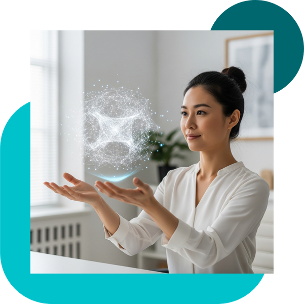 woman gently interacting with a luminous, complex hologram of light particles that floats above her hands