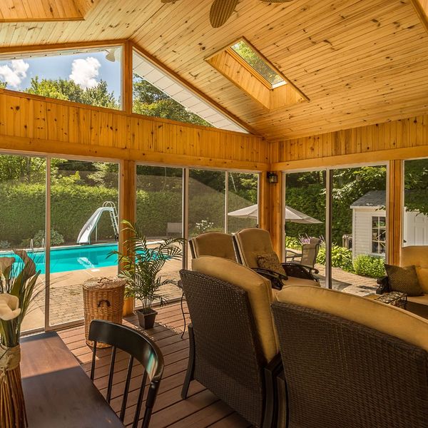 screened-in porch with pool