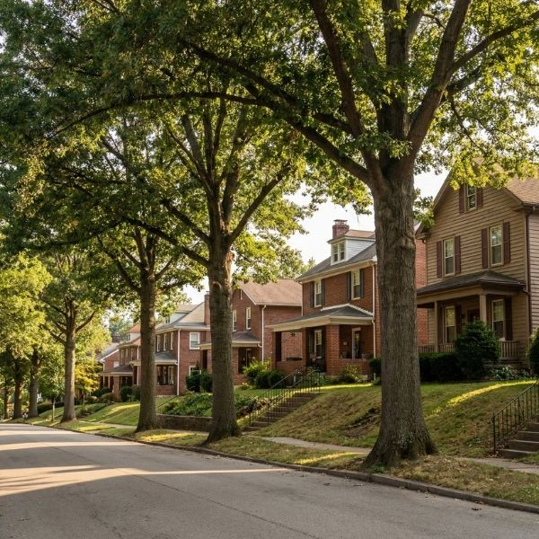 A view of a quiet, tree-lined residential street with established homes in a Greensburg, PA neighborhood.
