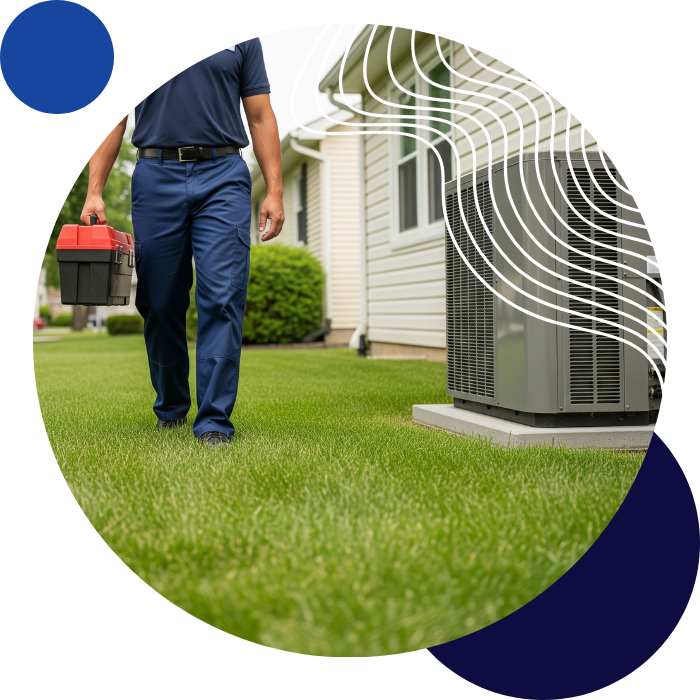 HVAC technician carrying a toolbox approaches a residential AC unit installed next to a house. HVAC technician carrying a toolbox approaches a residential AC unit installed next to a house.