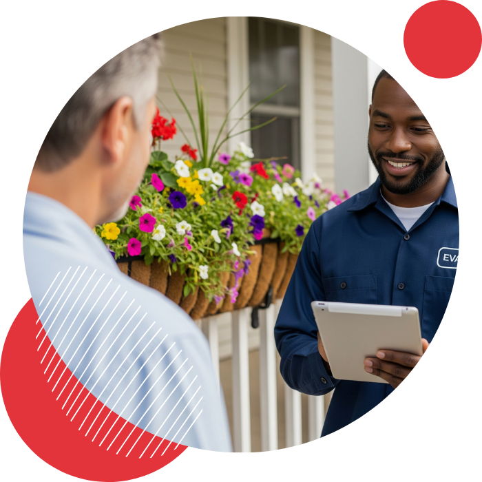 Homeowner looking over the shoulder at a tablet held by a professional HVAC technician on a front porch. Homeowner looking over the shoulder at a tablet held by a professional HVAC technician on a front porch.