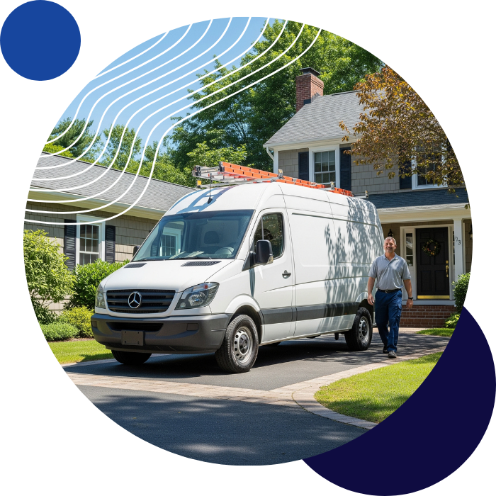 HVAC service van parked in the driveway of a suburban home. HVAC service van parked in the driveway of a suburban home.