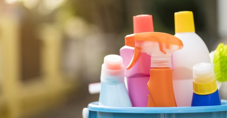 cleaning supplies in bucket