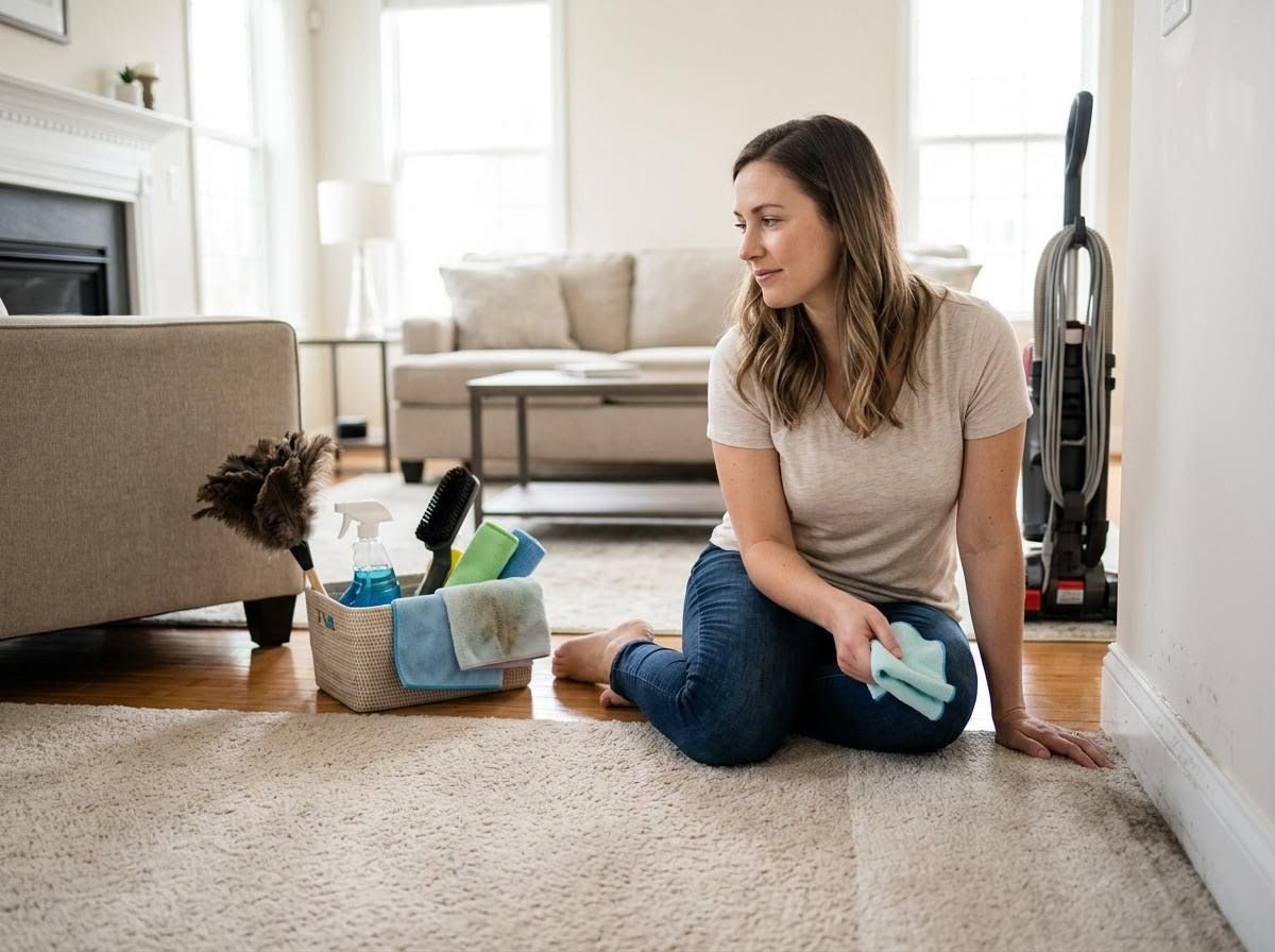 Woman taking a break from cleaning in her living room