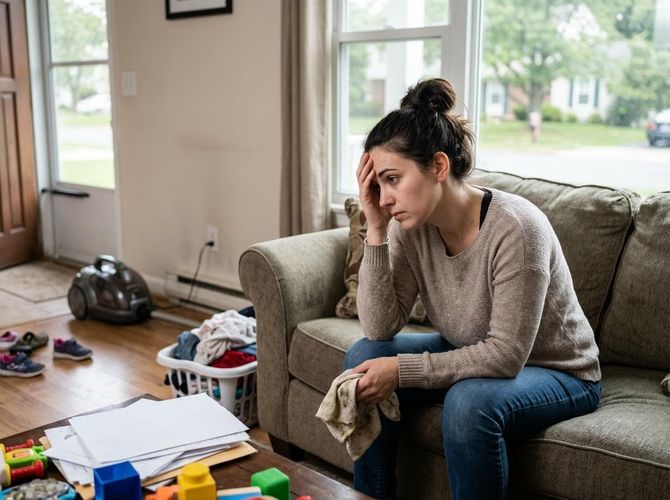 Stressed Woman Overwhelmed in Cluttered Living Room