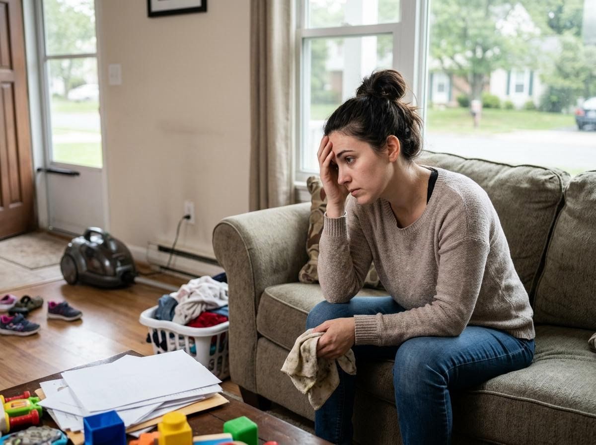 Stressed Woman Overwhelmed in Cluttered Living Room
