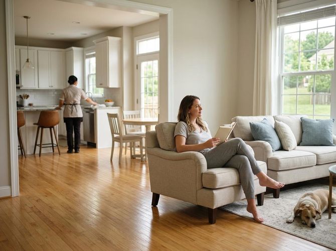 A woman reads in a comfortable armchair with a dog sleeping on the rug. In the background, a domestic worker cleans the kitchen. Woman reading in living room as domestic worker cleans kitchen