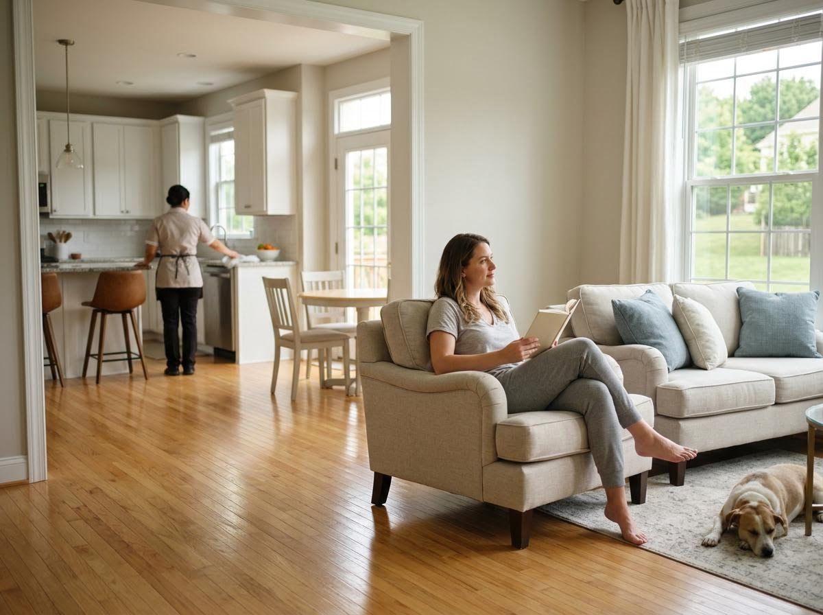 Woman reading in living room as domestic worker cleans kitchen