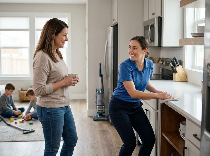 Professional Cleaner Interacting with Homeowner in Kitchen
