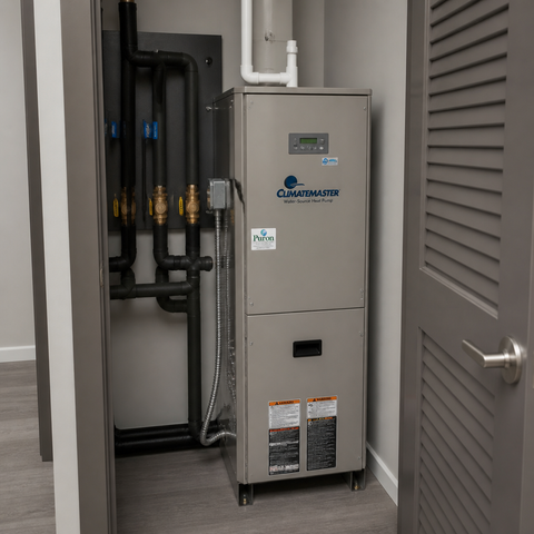 A vertical water-source heat pump connected to insulated building water-loop piping inside a condo utility space, the type of WSHP system serviced and repaired throughout South Florida condominiums. Water-source heat pump unit installed in a South Florida condominium mechanical closet