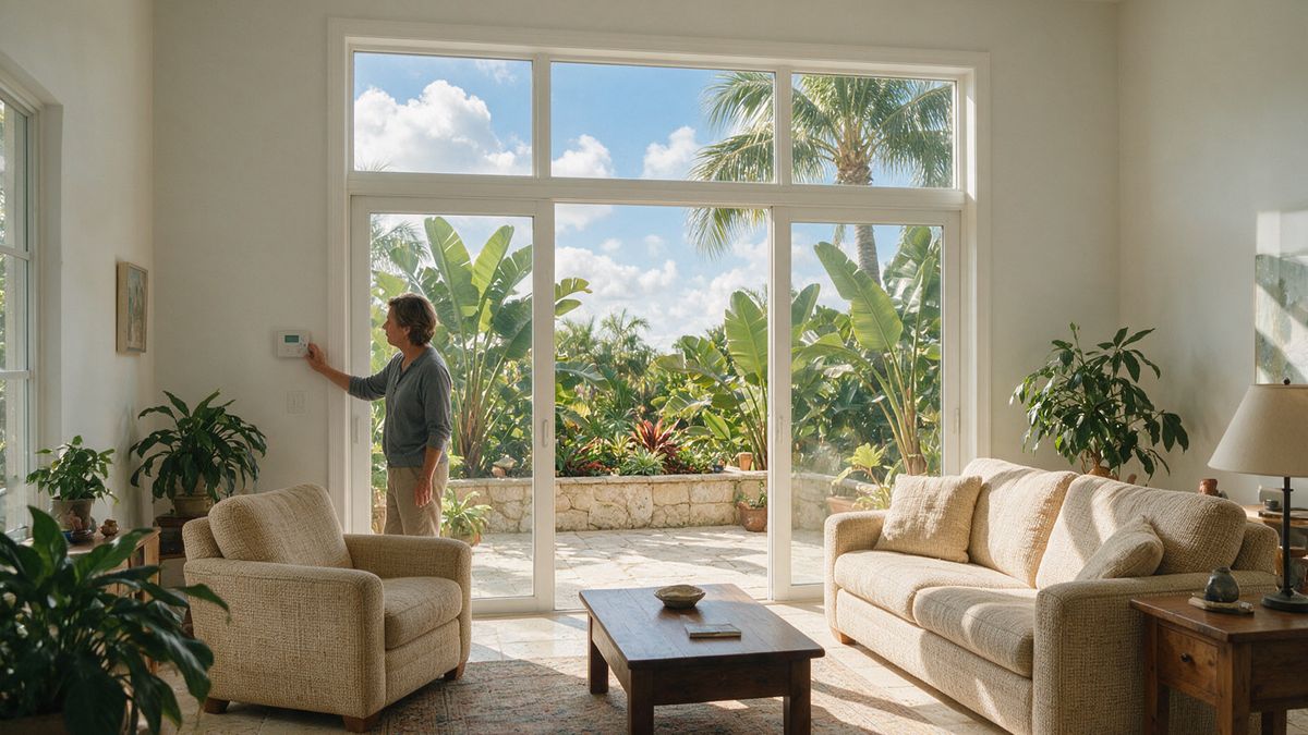 Homeowner adjusting the thermostat in a bright living room, residential AC service in Lauderhill, FL