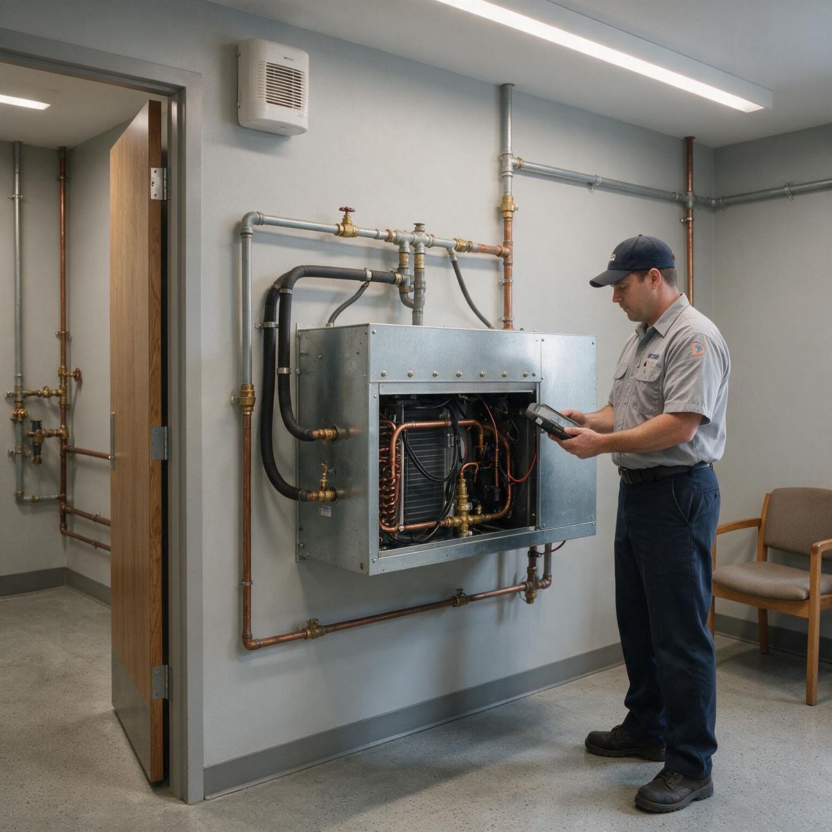HVAC technician servicing a water-source heat pump in a South Florida condominium