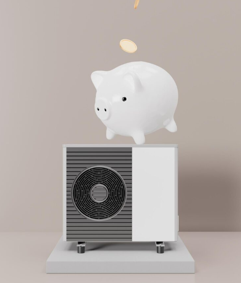 Piggy bank on top of new AC unit representing HVAC system cost savings