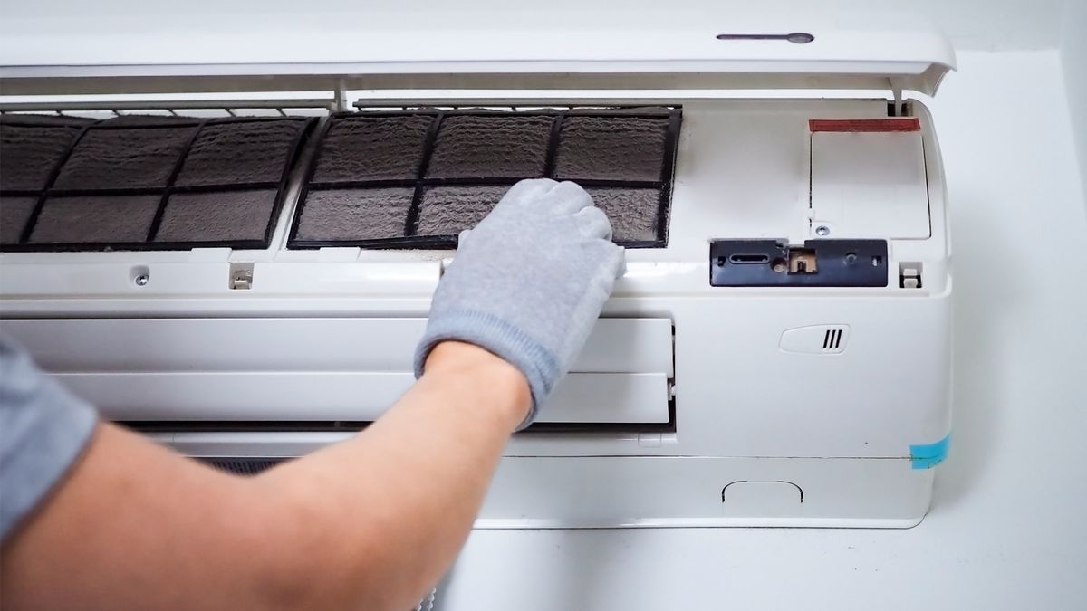 Dirty AC filter being inspected during a tune-up visit