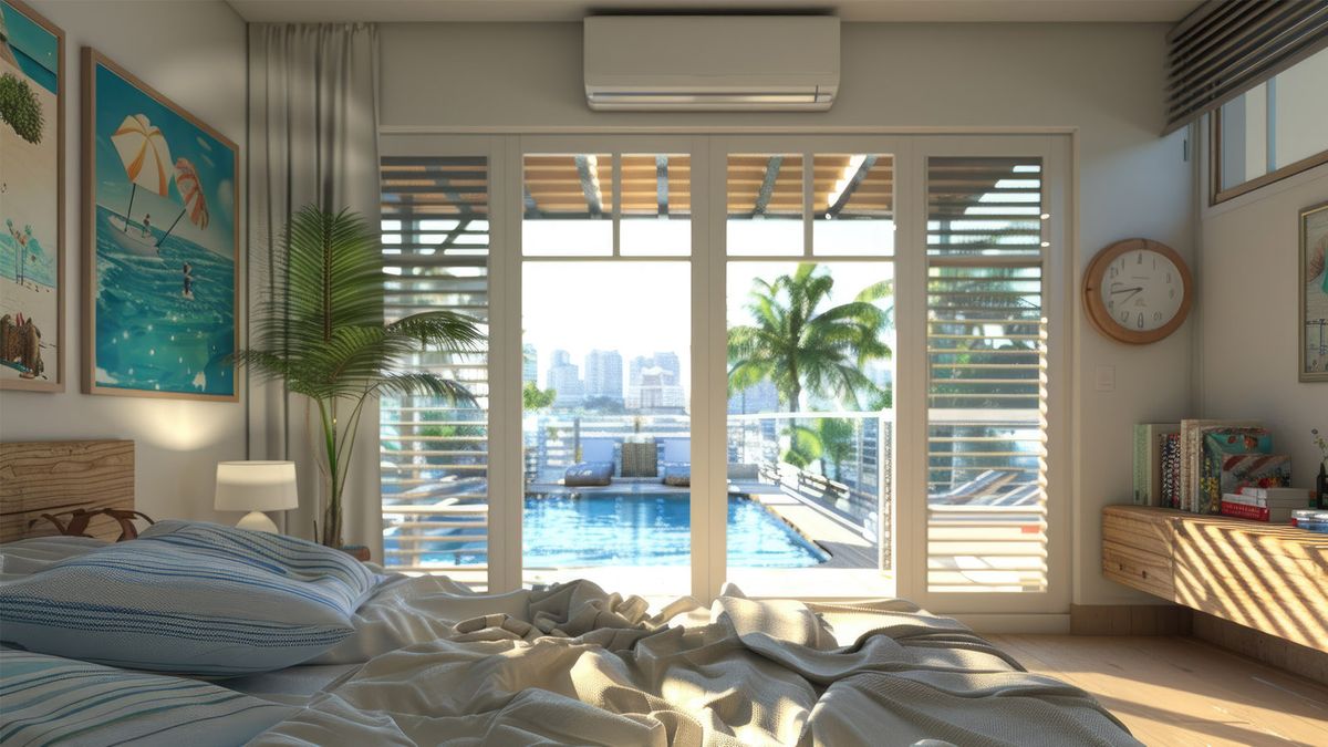 Bedroom in Miami home with air conditioner running but indoor comfort affected by high humidity and cooling issues