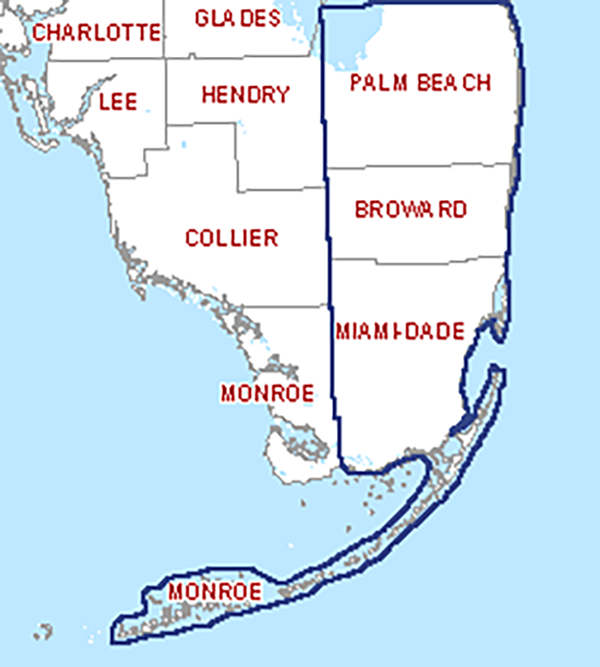 Map of South Florida highlighting Aura America HVAC service areas including Miami-Dade, Broward, Palm Beach counties and Florida Keys. South Florida service area map – Aura America HVAC coverage in Miami-Dade, Broward, Palm Beach counties and Florida Keys.