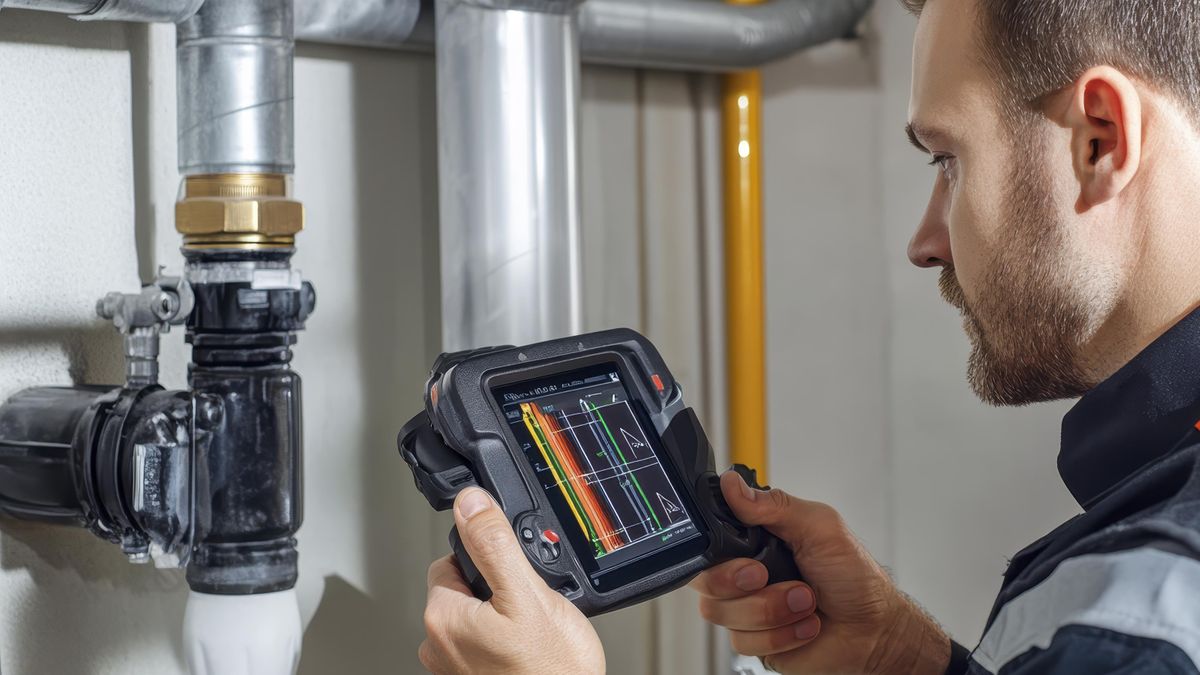 Leak detection plumber using diagnostic device to find hidden pipe leak