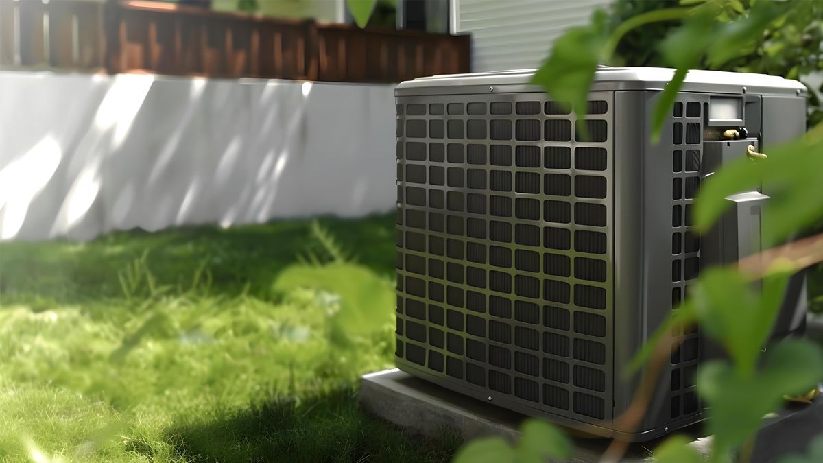 Outdoor AC condenser unit installed in a South Florida backyard